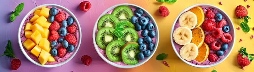 Three colorful smoothie bowls topped with an assortment of fresh fruits, including mango, kiwi, blueberry, and banana slices on a vibrant background.