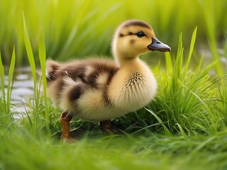 Cute little ducks in spring, playing together outdoors, running in the grass and puddles
