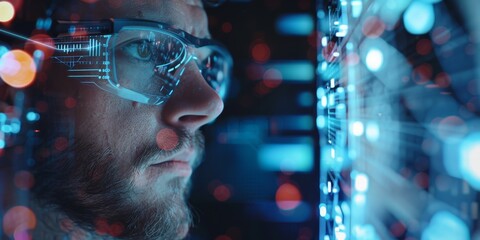 A male data scientist wearing augmented reality glasses works on a futuristic computer interface.