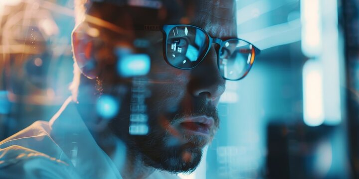 A male scientist wearing glasses is looking at a computer screen with a reflection of binary code. - Powered by Adobe