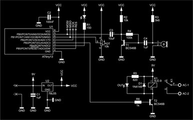 Schematic diagram of electronic device on sheet of paper.
Vector drawing electrical circuit with microcontroller,
transistor, microphone,
resistor, integrated circuit, capacitor, diode, led,
other.