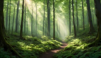 Obraz premium Enchanting Sunlit Forest Path with Dense Green Foliage and Beams of Light