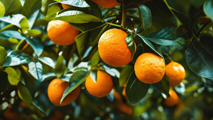 Ripe orange fruits on orange tree between lush foliage, view from below, 16:9 with copyspace, 300 dpi
