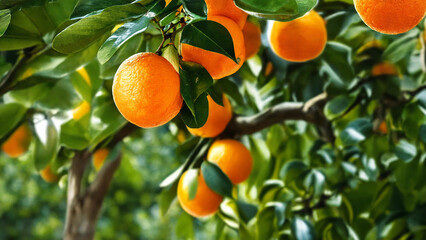 Ripe orange fruits on orange tree between lush foliage, view from below, 16:9 with copyspace, 300 dpi