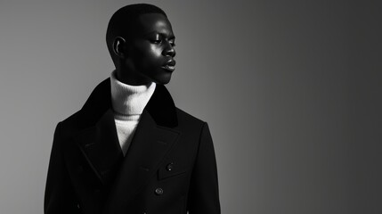 black man in black clothes on a monochrome background. Black and white photo - Portrait of a serious young afro american man dressed in all black on a minimalistic background