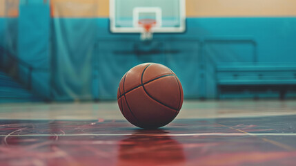 Naklejka premium Basketball on the floor in a school gym, school basketball league