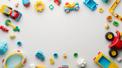 Children's toys frame on white background. Top view. Flat lay