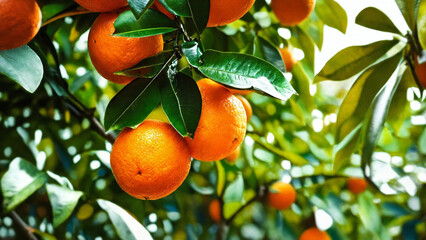 Ripe orange fruits on orange tree between lush foliage, view from below, 16:9 with copyspace, 300 dpi