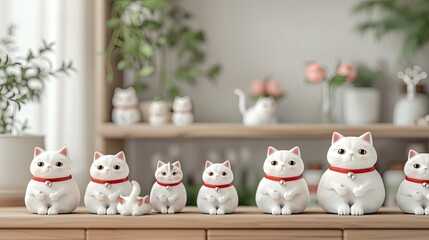 A close-up shot of several white ceramic Maneki-Neko cats with red collars and bells, displayed in a row