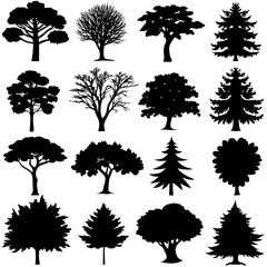 A set of 20 highly detailed silhouettes of trees in various shapes