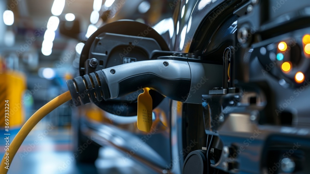 Poster a closeup of the connector being inserted into an electric vehicle demonstrating the smooth and effo