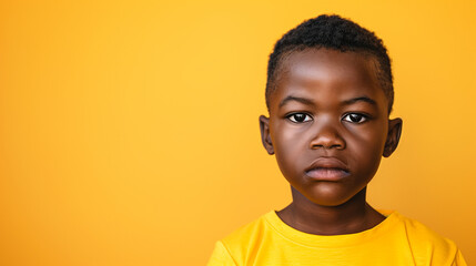 Yellow background sad black American African child Portrait of young beautiful kid Isolated Background racism skin color depression anxiety fear burn out health