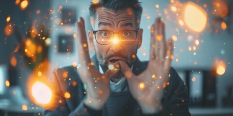 Bearded man in glasses making magic trick with sparkles