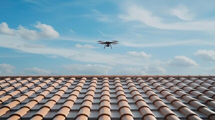 A drone flies over a tile roof during a sunny day