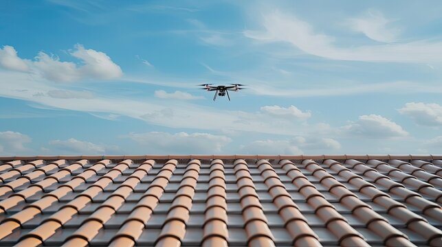 A drone flies over a tile roof during a sunny day