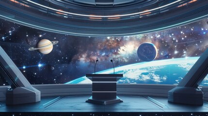A 3D podium on a futuristic spacecraft bridge, with stars and planets visible through large panoramic windows.