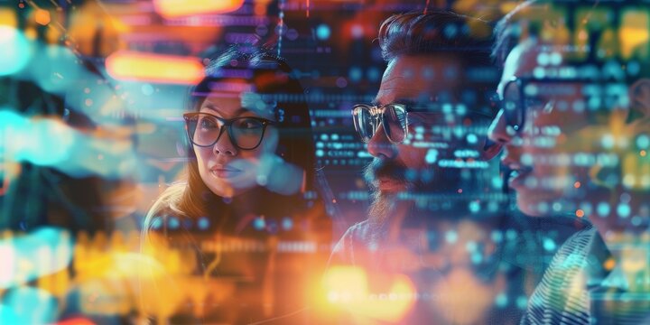 Developers looking at lines of programming code displayed on a screen.