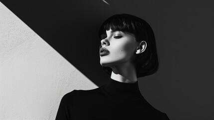 woman in black clothes on a monochrome background. Black and white photo - Portrait of a beautiful young woman dressed in all black on a minimalistic background