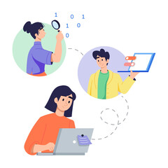 A flat illustration showing online team collaboration 