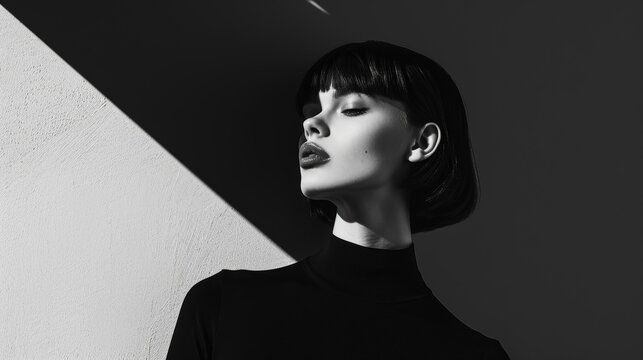 Fototapeta woman in black clothes on a monochrome background. Black and white photo - Portrait of a beautiful young woman dressed in all black on a minimalistic background