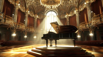A 3D podium on a grand piano in a large concert hall, with opulent decorations and a spotlight focusing solely on the podium.