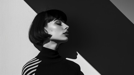 man in black clothes on a monochrome background. Black and white photo - Portrait of a beautiful young woman dressed in all black on a minimalistic background