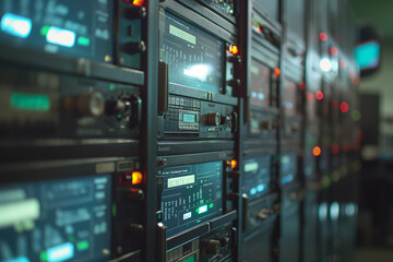 Naklejka premium Futuristic data center with advanced network server racks glowing with LED lights, symbolizing high-speed data processing and connectivity.