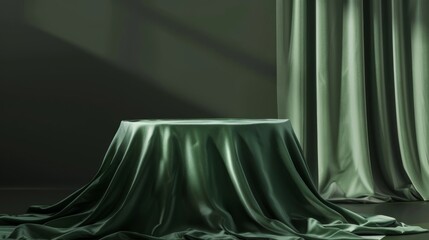 The setting features a green podium, luxurious curtains, and stylish lighting, conveying an artistic and elegant atmosphere. It exudes chic and sophisticated vibes with a focus on design and ambiance