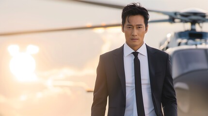 Closeup Japanese Asian Handsome Businessman in Suit and Tie Travel by Helicopter Successful Corporate CEO Executive Transportation