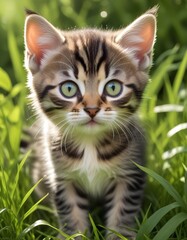 Beneath the dappled sunlight in a garden a young cute kitten with mesmerizing eyes explores the lush grass and manifests the innocence and charm 