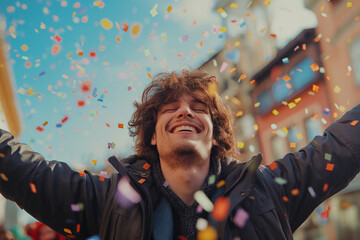 Obraz premium Laughing man wearing glasses and a scarf enjoying a joyful moment amidst a shower of colorful confetti.