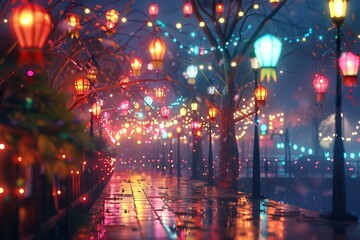 Colorful lights and trees lining a charming street.