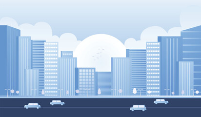 Blue city buildings with trees and cars. Monochrome urban landscape with clouds and sun in the sky. Modern architectural flat style vector illustration. Cityscape background.