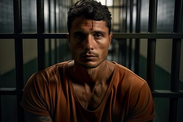 Portrait of a male prison inmate in a prison cell bleeding from the head