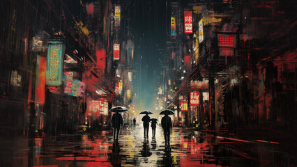 Rainy night in old town Tokyo city, Japan. Neon signs illuminate the wet streets. The energy of the city is captured in the dynamic movement and vivid colors