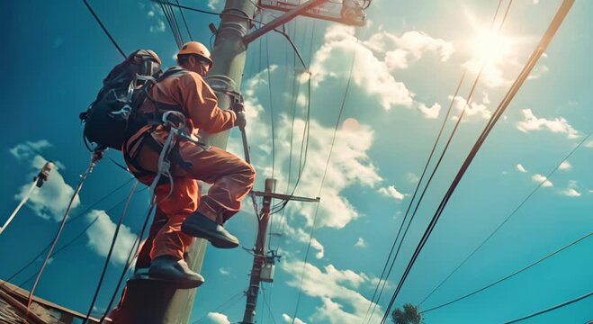 Photorealistic image of a technician abseiling down an electrical pole, with safety gear, a residential area below, and a blue sky with scattered clouds,