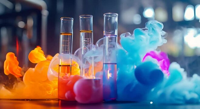 A colorful chemistry experiment with smoke in a test tube and glass bottle on a desk with a light background
