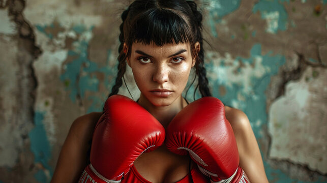 A young woman in boxing gloves. Sporty fit femaly self care and defense training