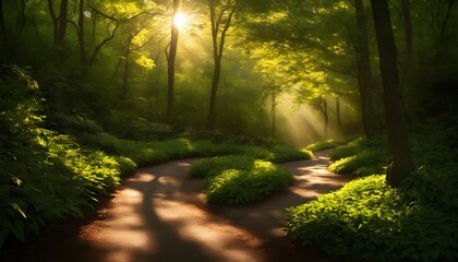 Obraz premium Sunlight Piercing Through Lush Forest Trees in Early Morning