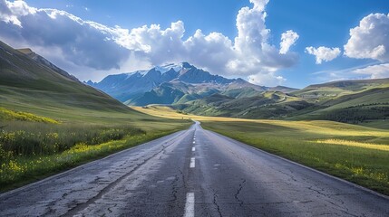 Naklejka premium Open road to the mountains. Scenic view of an open road leading towards majestic snow-capped mountains, promising adventure and breathtaking landscapes.
