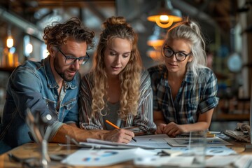 Fototapeta premium Three Young Professionals Collaborating on a Project in a Casual Workspace