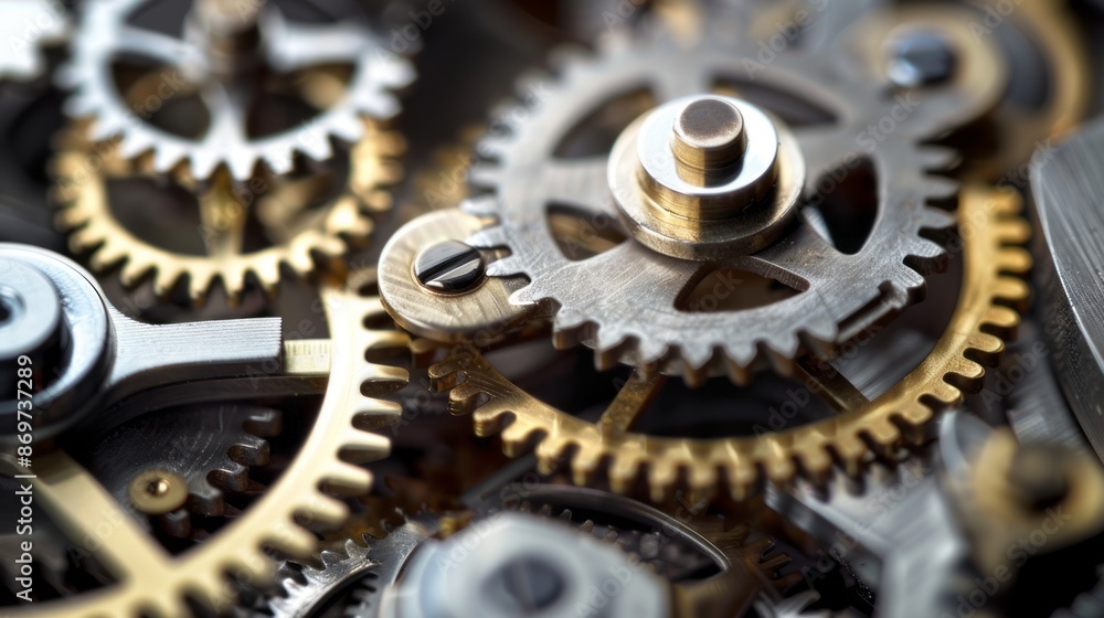 Poster close up of interlocking metal gears. macro photography of intricate clockwork gears, showcasing the
