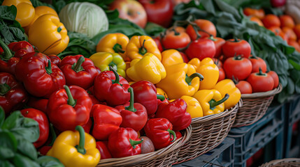 vibrant farmers' market scene showcasing a variety of fresh vegetables and fruits