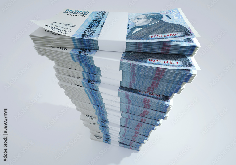 Leinwandbilder 3d rendering of stacks of icelandic krona notes arranged in a long single column. 3d rendering of bu