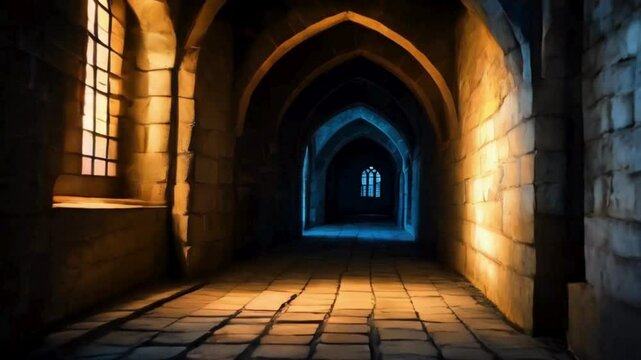 Scary long corridor on old castle