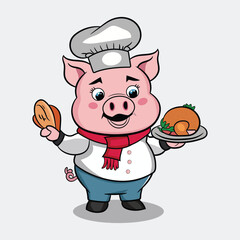 The cute pig is wearing a chef hat and scarf and serving food. The cartoon mascot's drawn illustration design