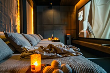 Luxurious Home Theater with Plush Seating, Ambient Lighting, and Snacks for a Cozy Movie Night
