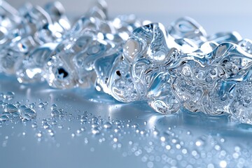 Close up of water droplets and ice on a blue surface