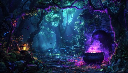 A mystical witch's lair with a bubbling cauldron, glowing lanterns, and lush foliage in an enchanted forest.