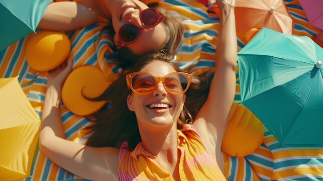 A happy young girl, and her friends, smiles and laughes with happiness, Quality relationship, emotional intelligence, and self appreciation concepts.